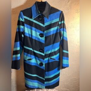 Vesti Multicolor Striped Trench Coat pockets button front black blues collar 8